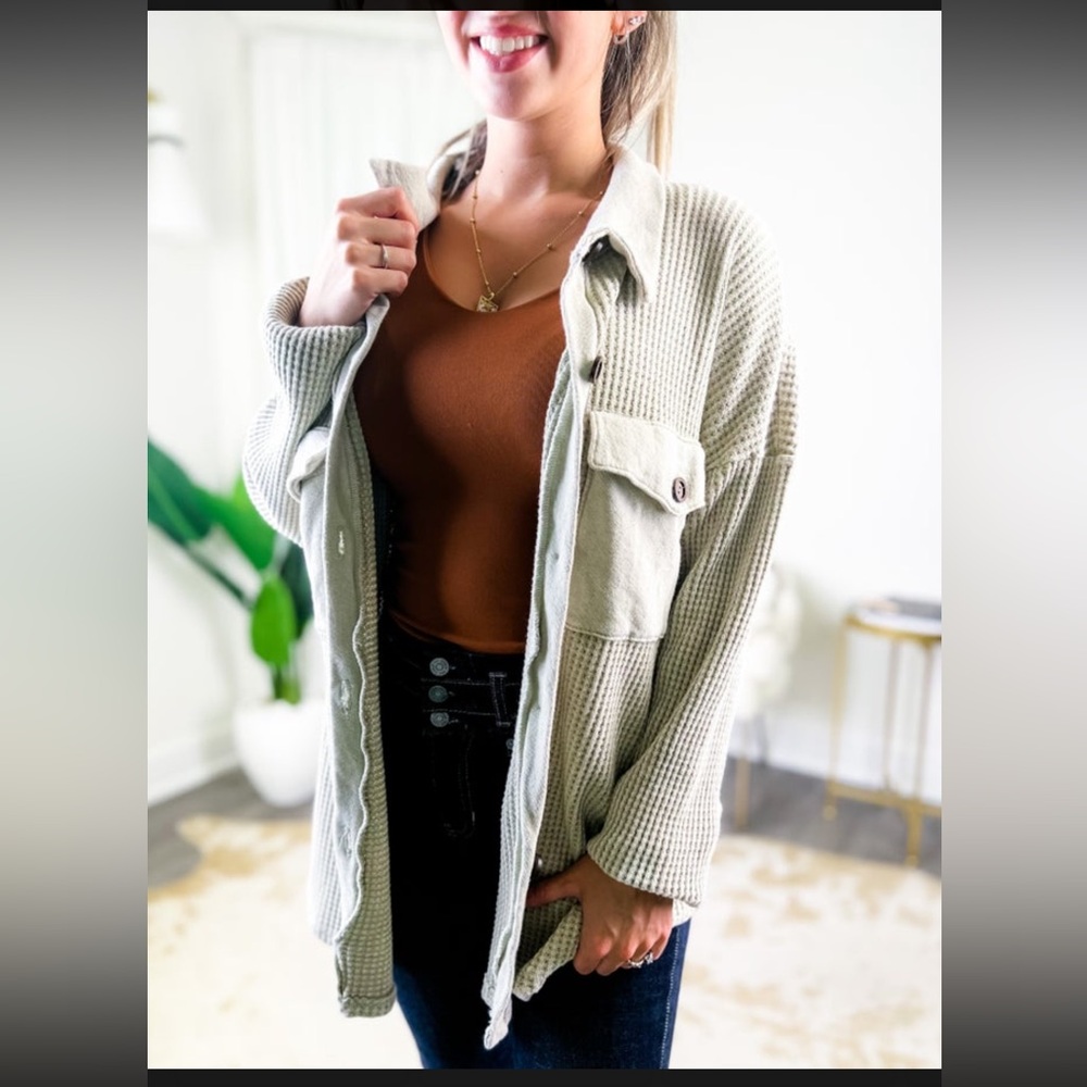 Vintage Wash Waffle Knit Long Sleeve Shacket!